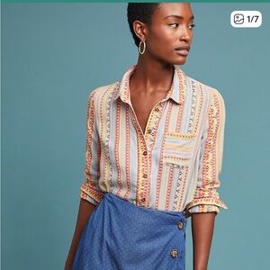 Anthropologie Mademoiselle Multicolor Embroidered Button Down Top boho Aztec 2